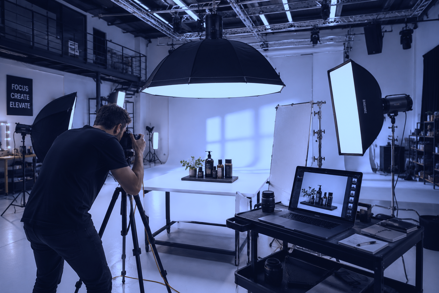Blue toned professional commercial photography studio with product lighting setup