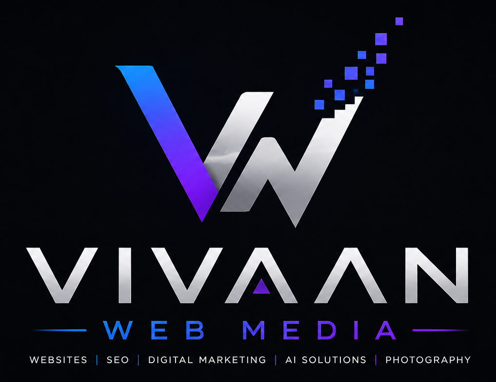 Vivaan Web Media logo for website design, SEO, AI automation, digital marketing, and commercial photography